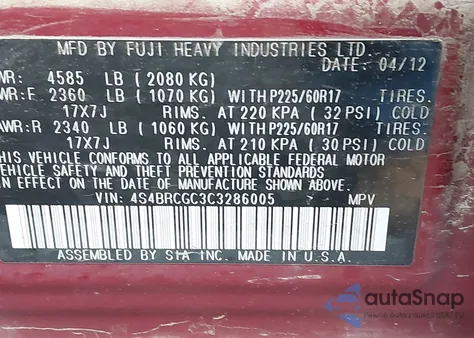 2012 Subaru Outback 2.5I Premium from USA, damaged, VIN 4S4BRCGC3C3286005